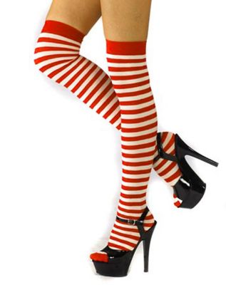 Red and White Striped Thigh Highs Stockings - Spirithalloween.com