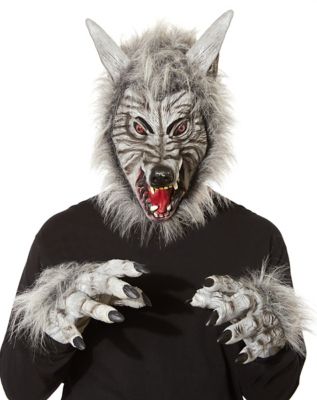 Grey Faux Fur Wolf Full Mask with Hands - Spirithalloween.com