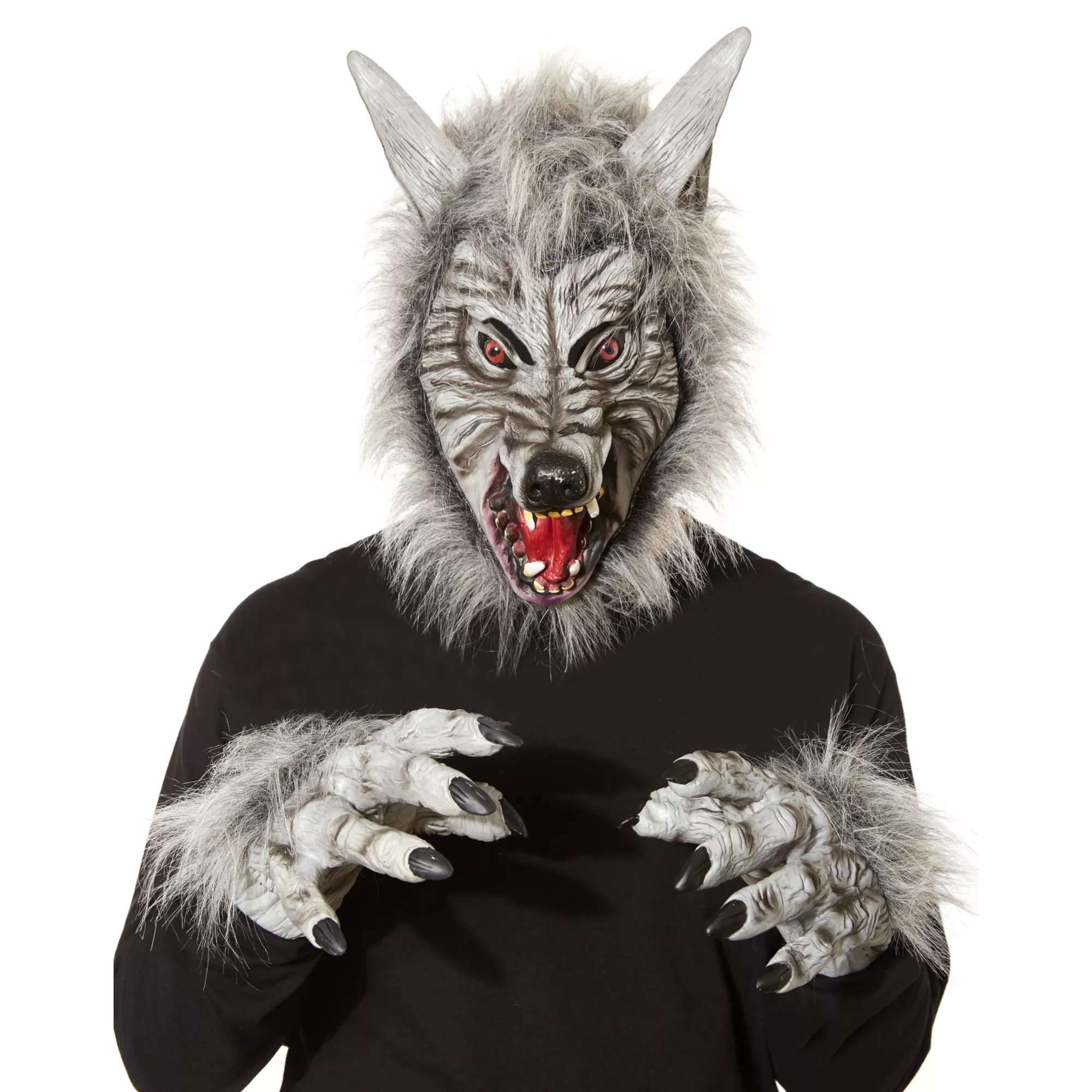 Grey Faux Fur Wolf Full Mask with Hands at Spencer's