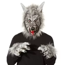 Grey Faux Fur Wolf Full Mask with Hands at Spencer's