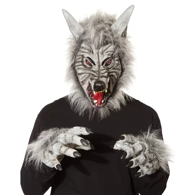 Grey Faux Fur Wolf Full Mask with Hands - Spirithalloween.com