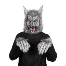 Grey Faux Fur Wolf Full Mask with Hands at Spencer's
