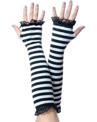 Black And White Striped Fingerless Gloves