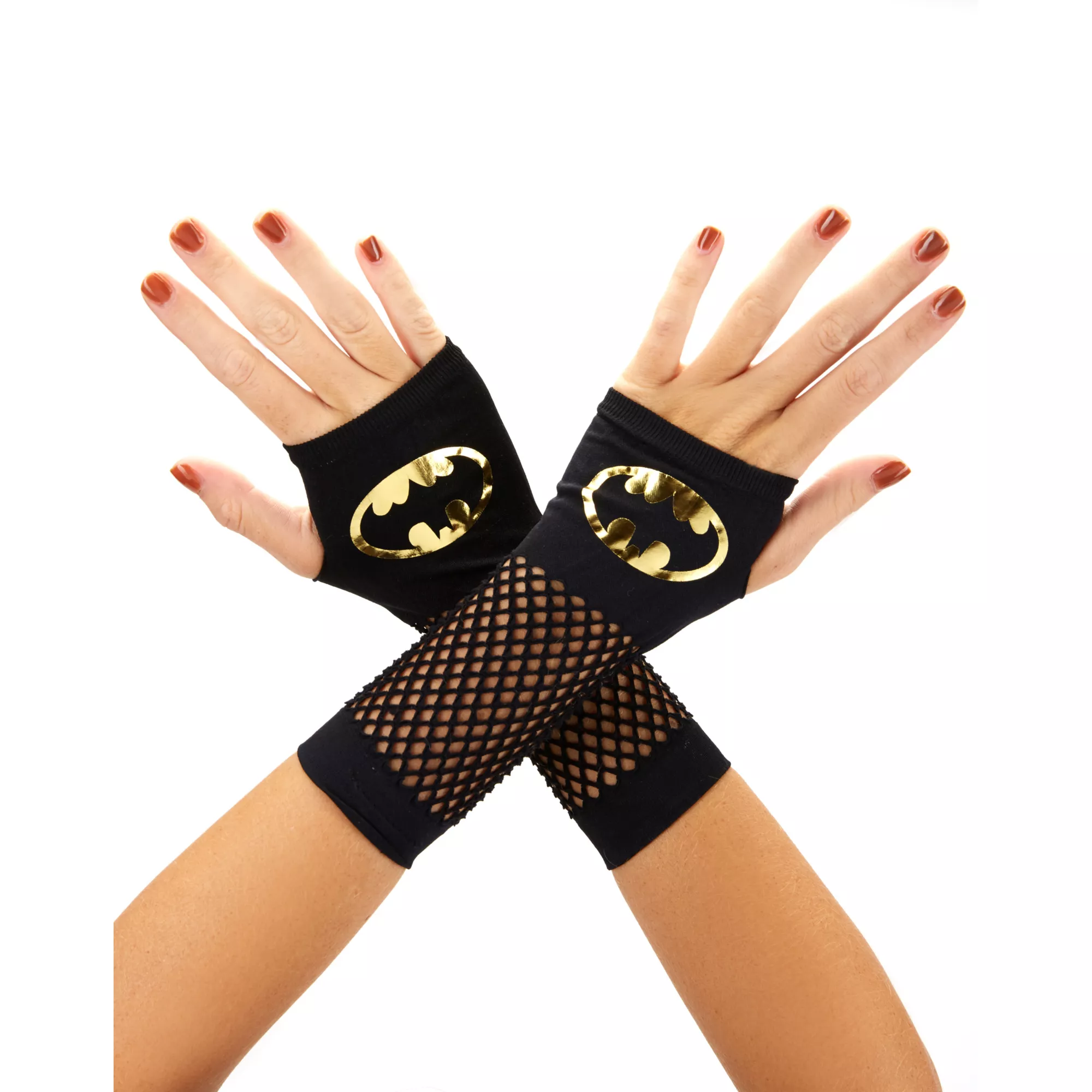 Batman Fishnet Gold Logo Gloves at Spirit Halloween