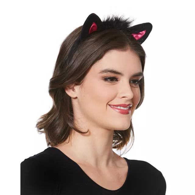 Faux Fur Black and Pink Cat Ear Headband at Spencer's