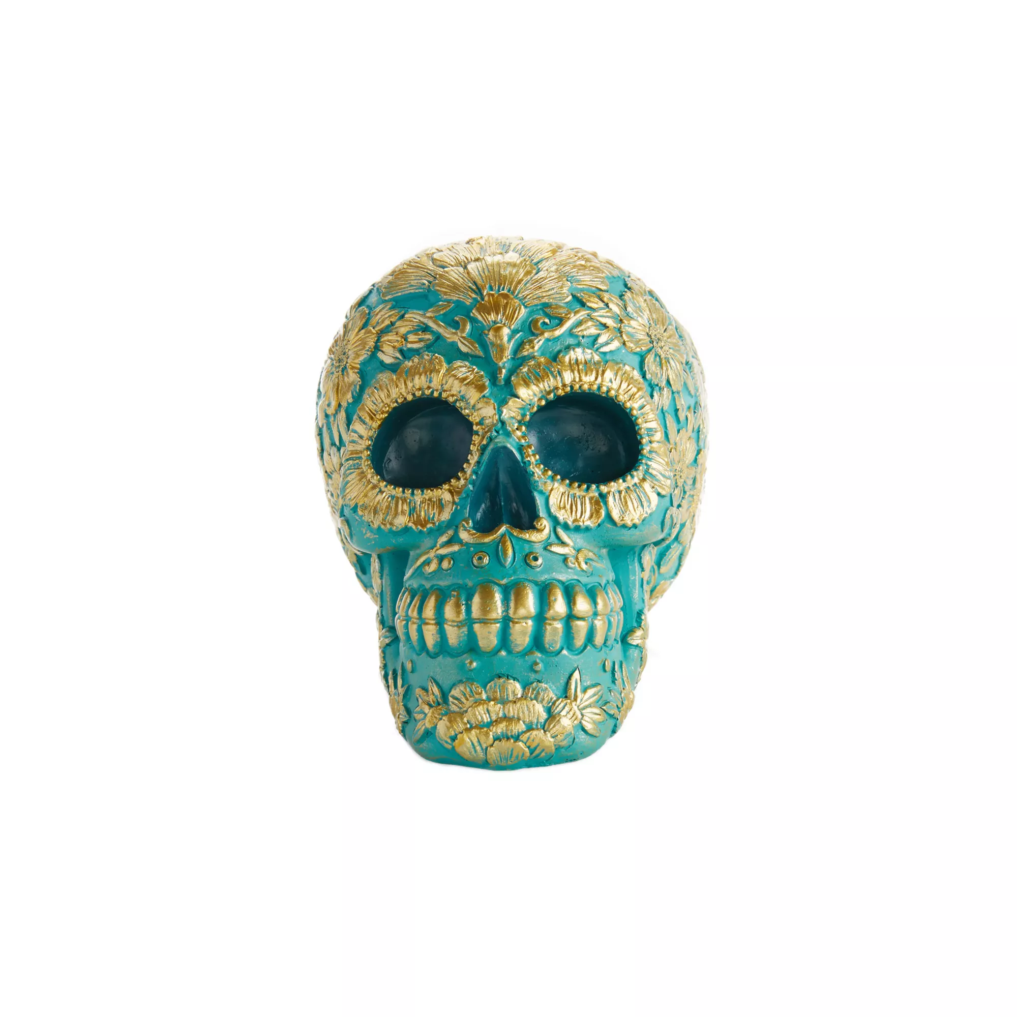 Teal and Gold Sugar Skull Figurine - Decorations at Spirit Halloween