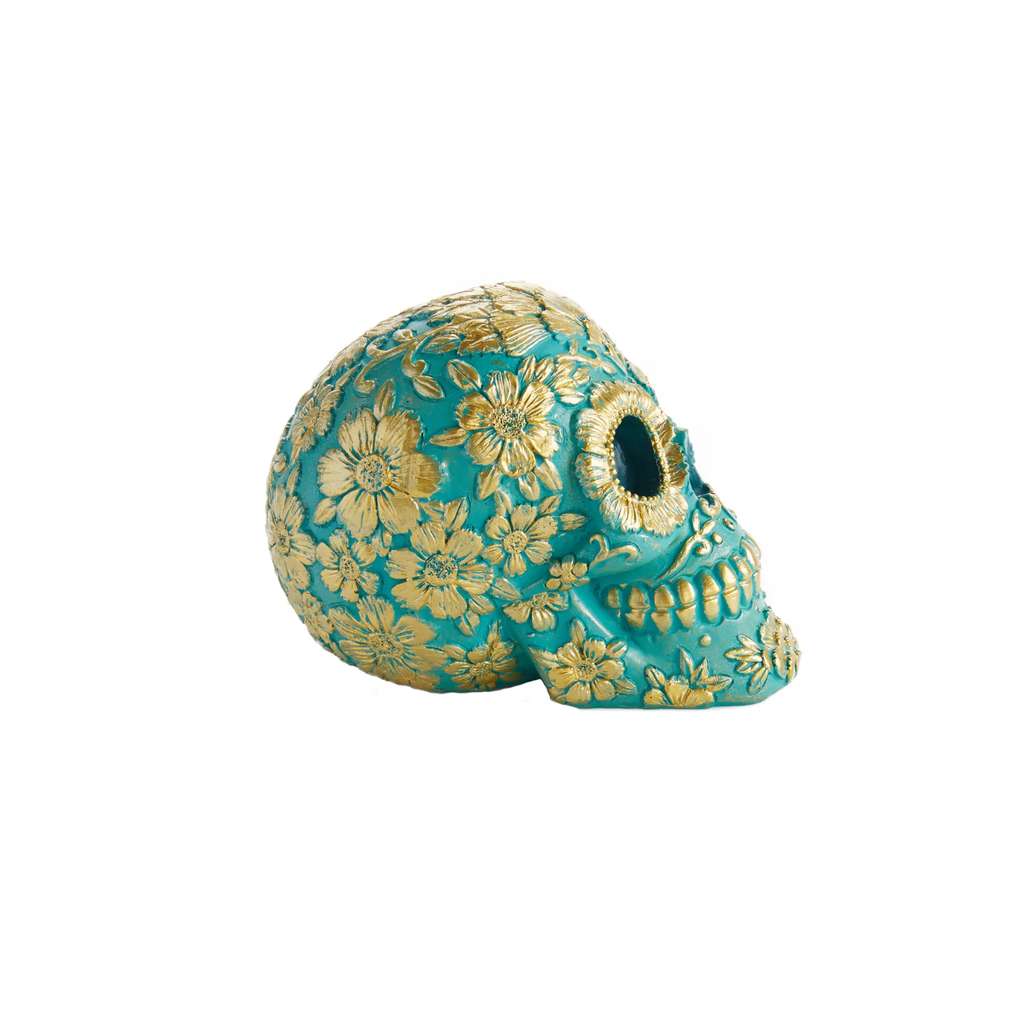 Teal and Gold Sugar Skull Figurine - Decorations at Spirit Halloween