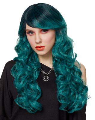 Ash Green Curly Wig with Dark Roots