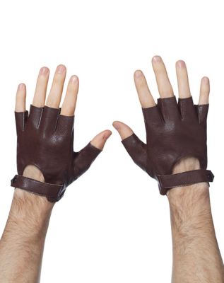 leather fingerless gloves brown