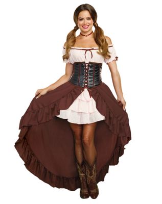 SALOON GIRL COSTUME W HAIR FEATHERS & GLOVES - Costume Boutique