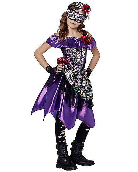 Enfants Filles Deluxe Day of the Dead Costume Halloween Fancy Dress Outfit 