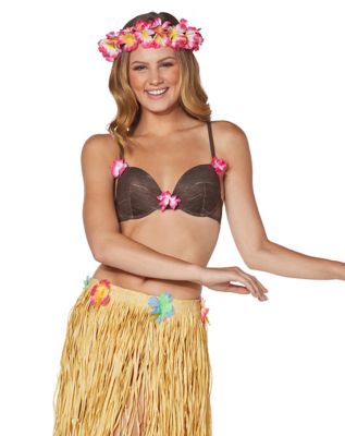 Female Hawaiian Hula dancer wearing coconut bikini, yellow lei, and leaf  skirt - SuperStock