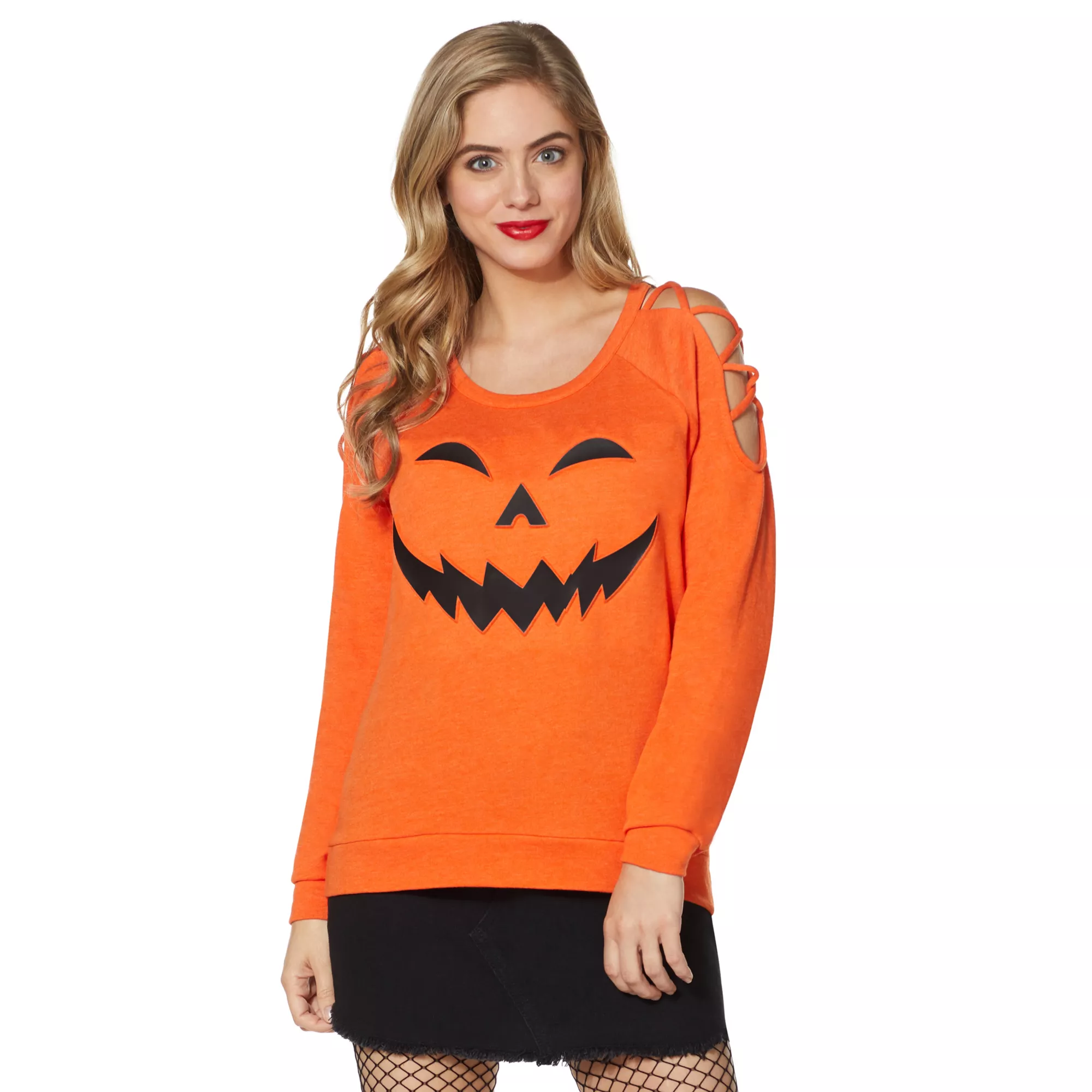 Cross Shoulder Pumpkin Sweatshirt at Spencer's