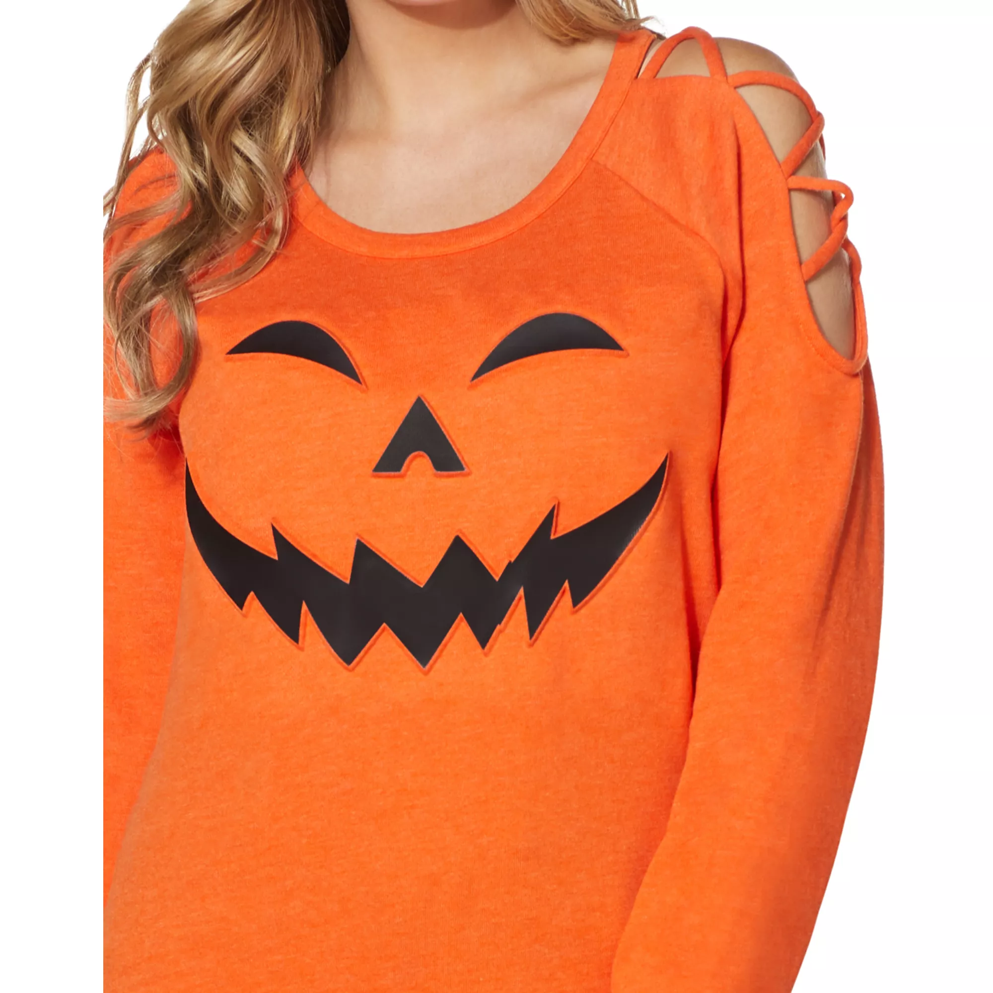 Cross Shoulder Pumpkin Sweatshirt at Spencer's