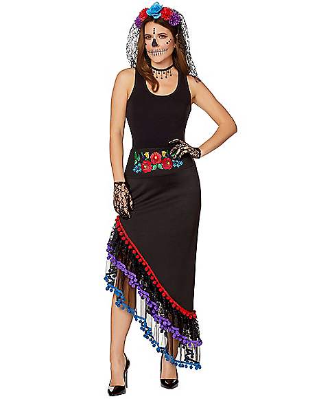 Ladies Day Of The Dead Costume Sugar Skull Skeleton Halloween Fancy Dress Outfit 