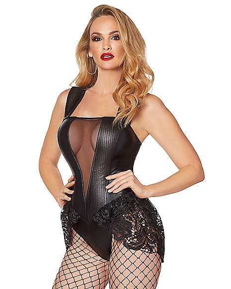 Adult Black Faux Leather and Lace Bodysuit