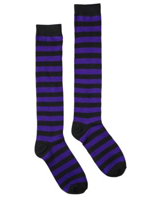 purple and white striped knee high socks