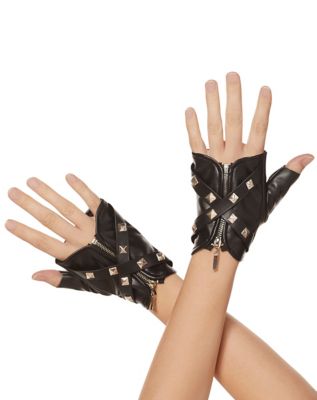 Womens Wrist Band PU Leather Fingerless Gloves Goth Punk Rock