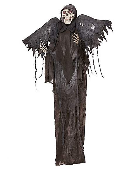 Halloween Haunters Animated Props Decorations Light Up Eyes and Ghostly Laughter Adjustable Wing Automatic Sensor Laughter and Glowing Hanging Grim Reaper with Shackles Chains 