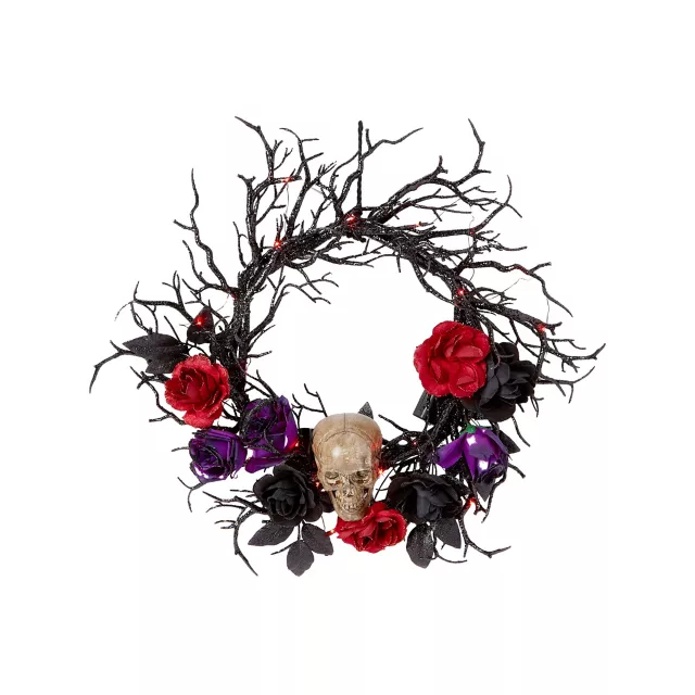 Light-Up Rose Skull Wreath - Spirithalloween.com