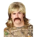 Blond Mullet Wig With Mustache at Spirit Halloween