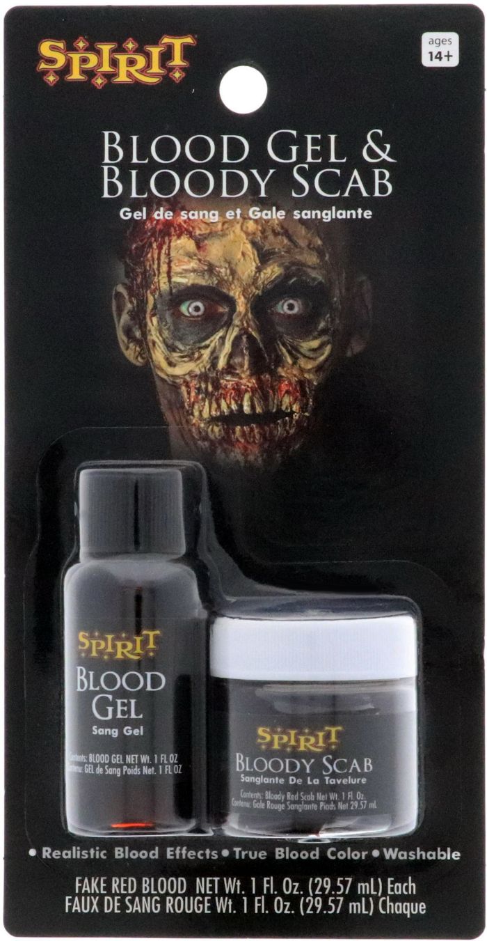 Spirit Halloween Blood Gel and Bloody Scab product packaging