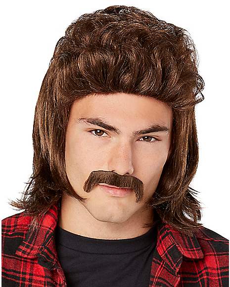Brown Mullet Wig With Mustache - Spirithalloween.com