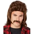 Brown Mullet Wig With Mustache at Spirit Halloween