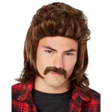 Brown Mullet Wig With Mustache at Spirit Halloween