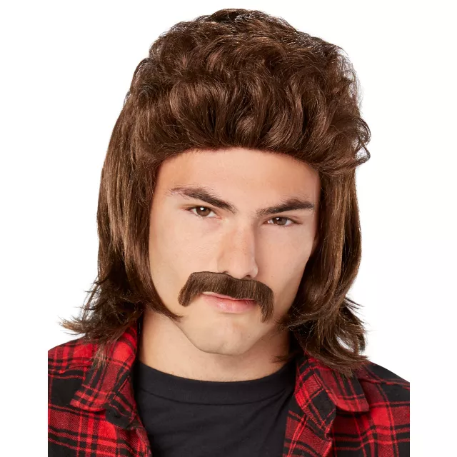 Brown Mullet Wig With Mustache Spirithalloween