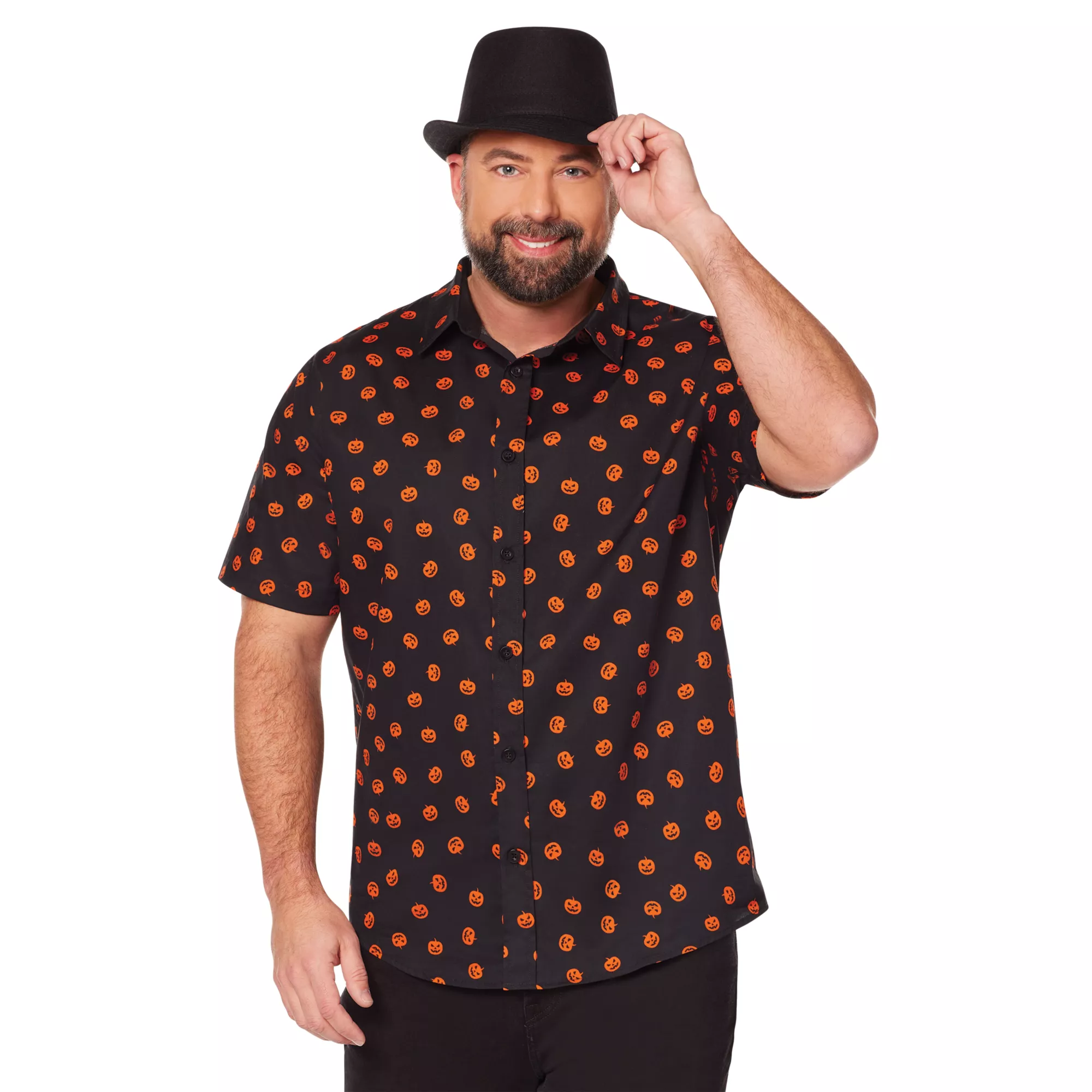 Pumpkin Print Button Down Plus Size Shirt at Spirit Halloween
