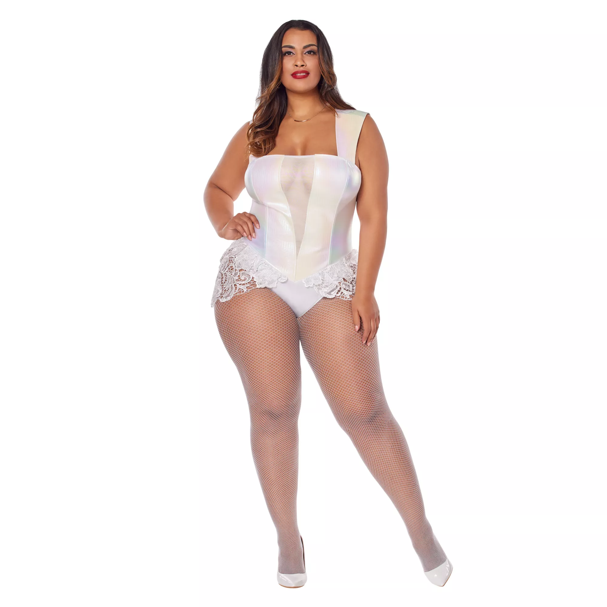 White Faux Leather Lace Plus Size Bodysuit at Spencer's
