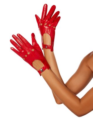 Fingerless Faux Leather Gloves - Red Biker Punk Gloves with Belt