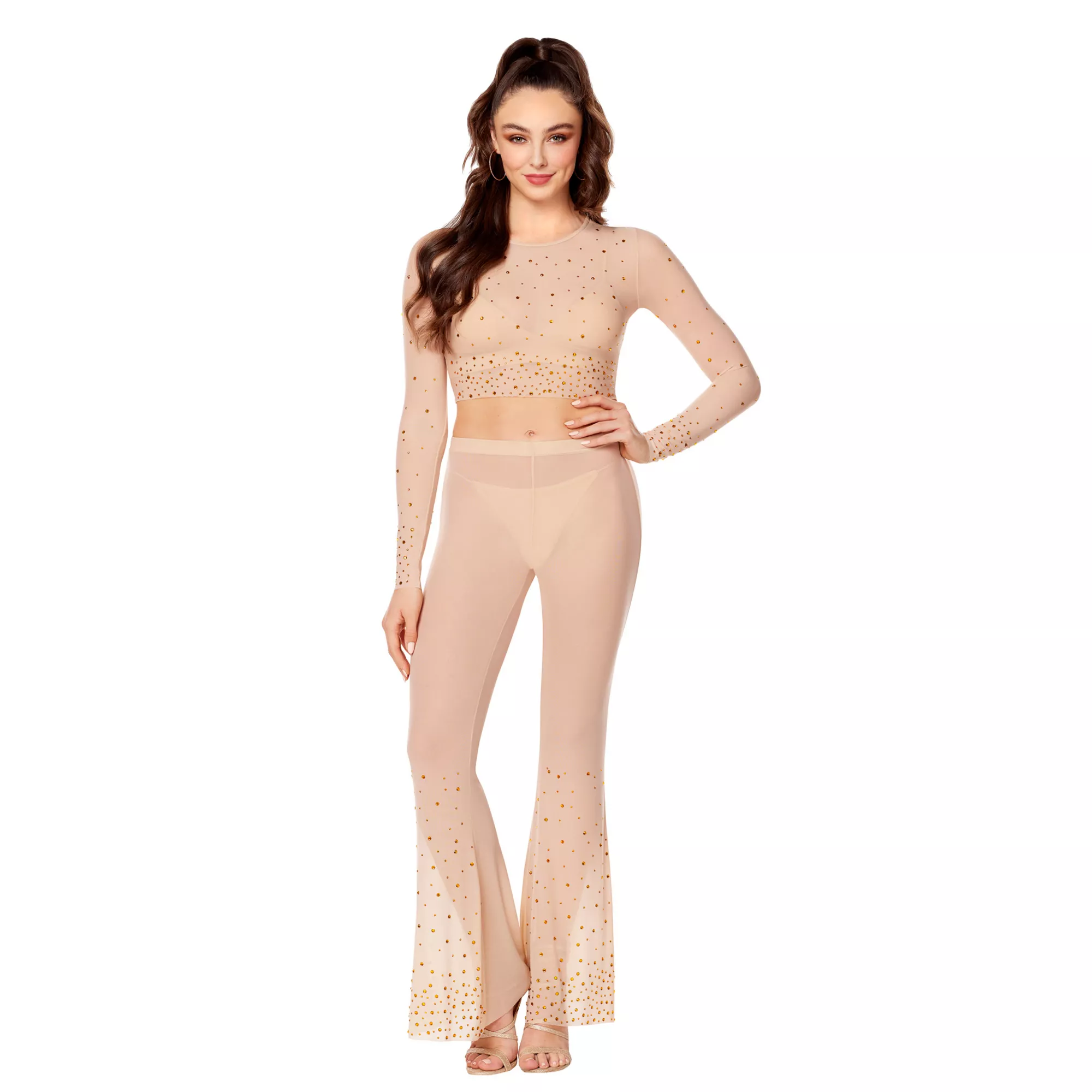 Beige Mesh Rhinestone Top and Pants Set at Spirit Halloween