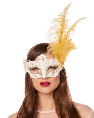 Feather Masquerade Mask, Mardi Gras Mask, Gold & White Mask With Handheld  Stick, Mardi Gras Masks, Masquerade Ball, Handheld Stick Mask 