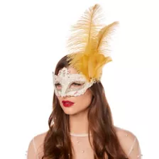 Gold Feather and Lace Eye Half Mask at Spirit Halloween