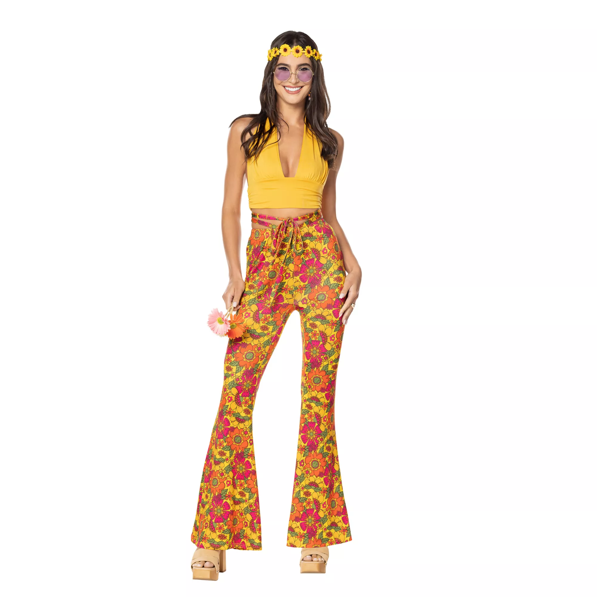Adult Yellow Flower Bell Bottom Pants at Spirit Halloween