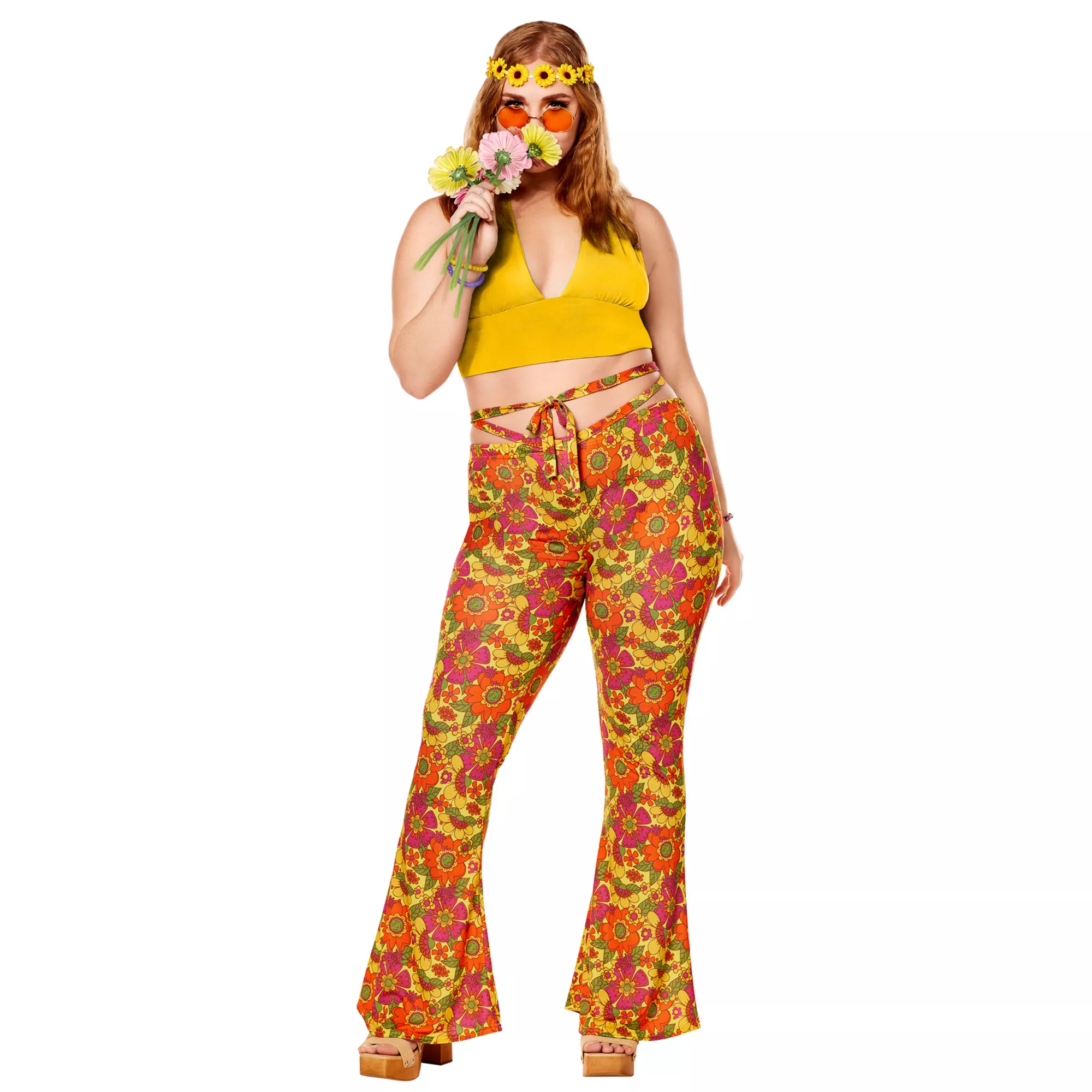 Adult Yellow Flower Bell Bottom Pants at Spirit Halloween