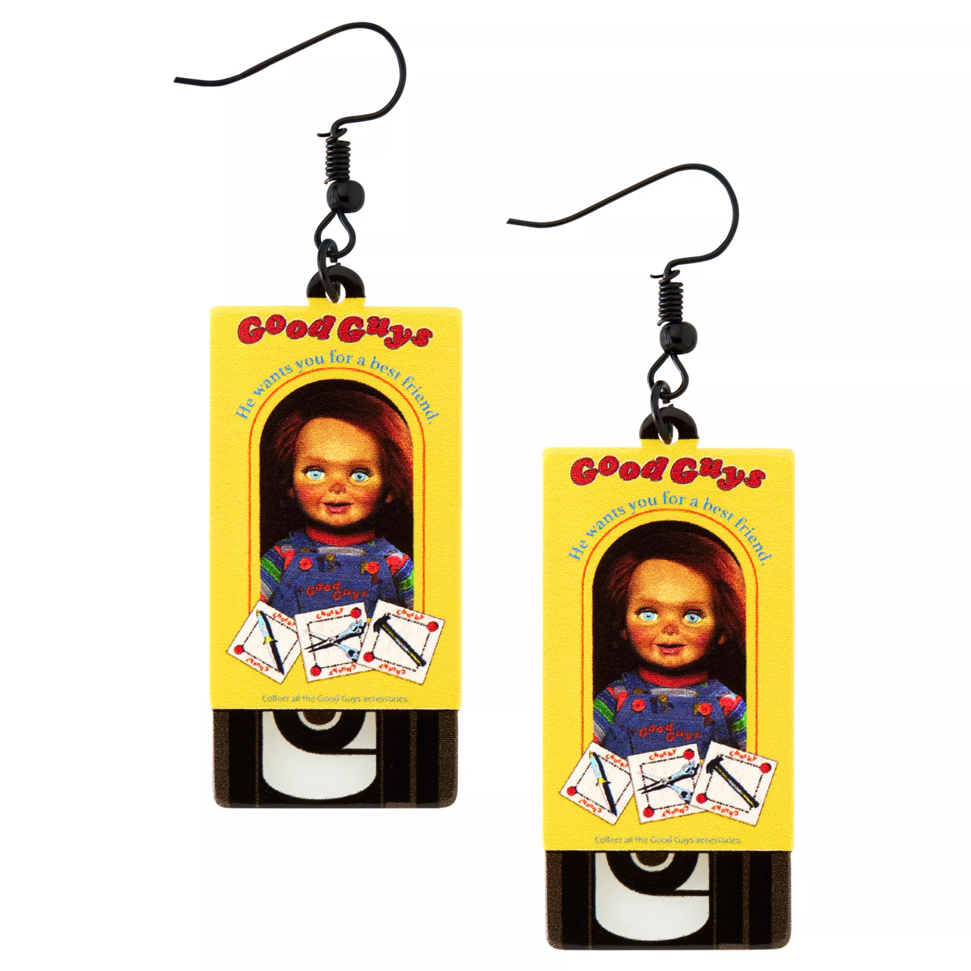 VHS Tape Good Guys Chucky Dangle Earrings at Spirit Halloween