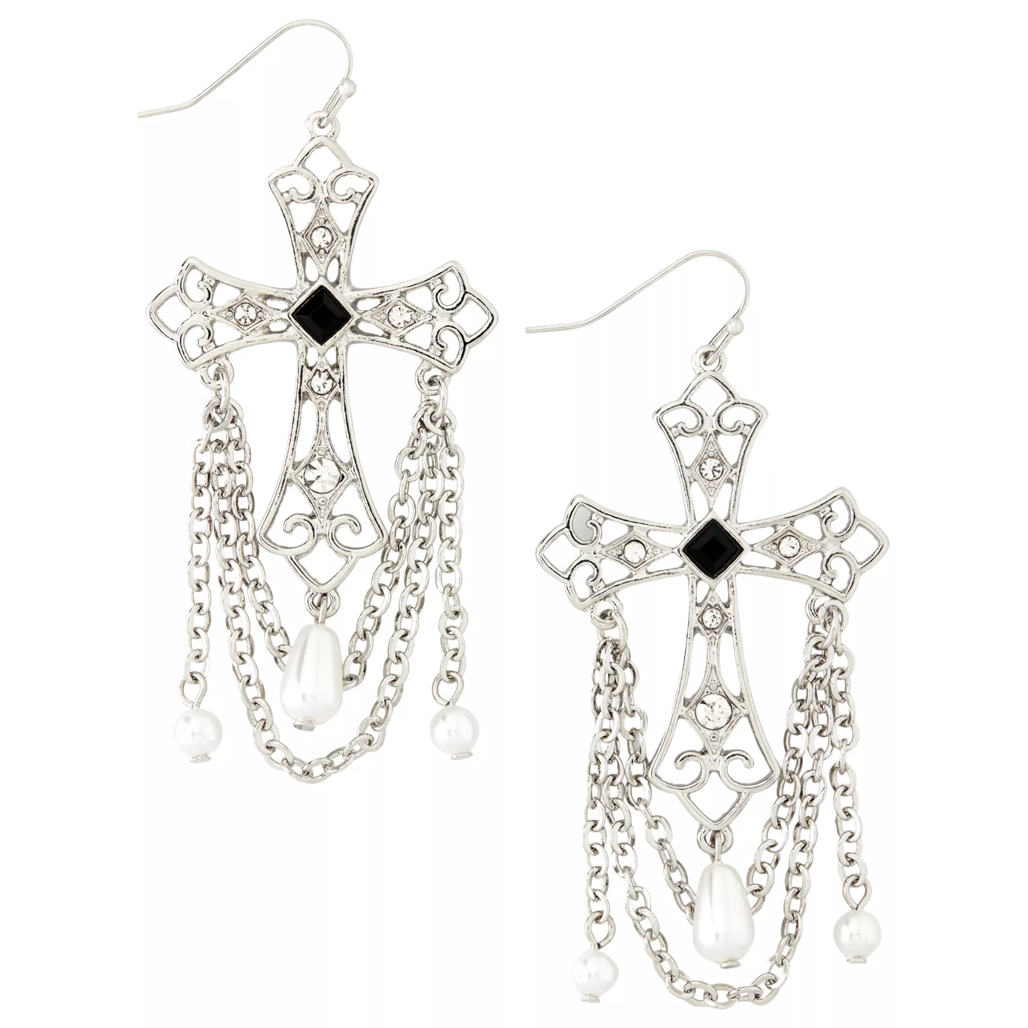 Black Square Cross Pearl-Effect Dangle Earrings at Spirit Halloween
