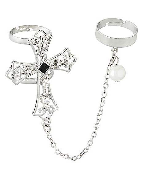Black Square Cross Pearl-Effect Chain Rings by Spirit Halloween