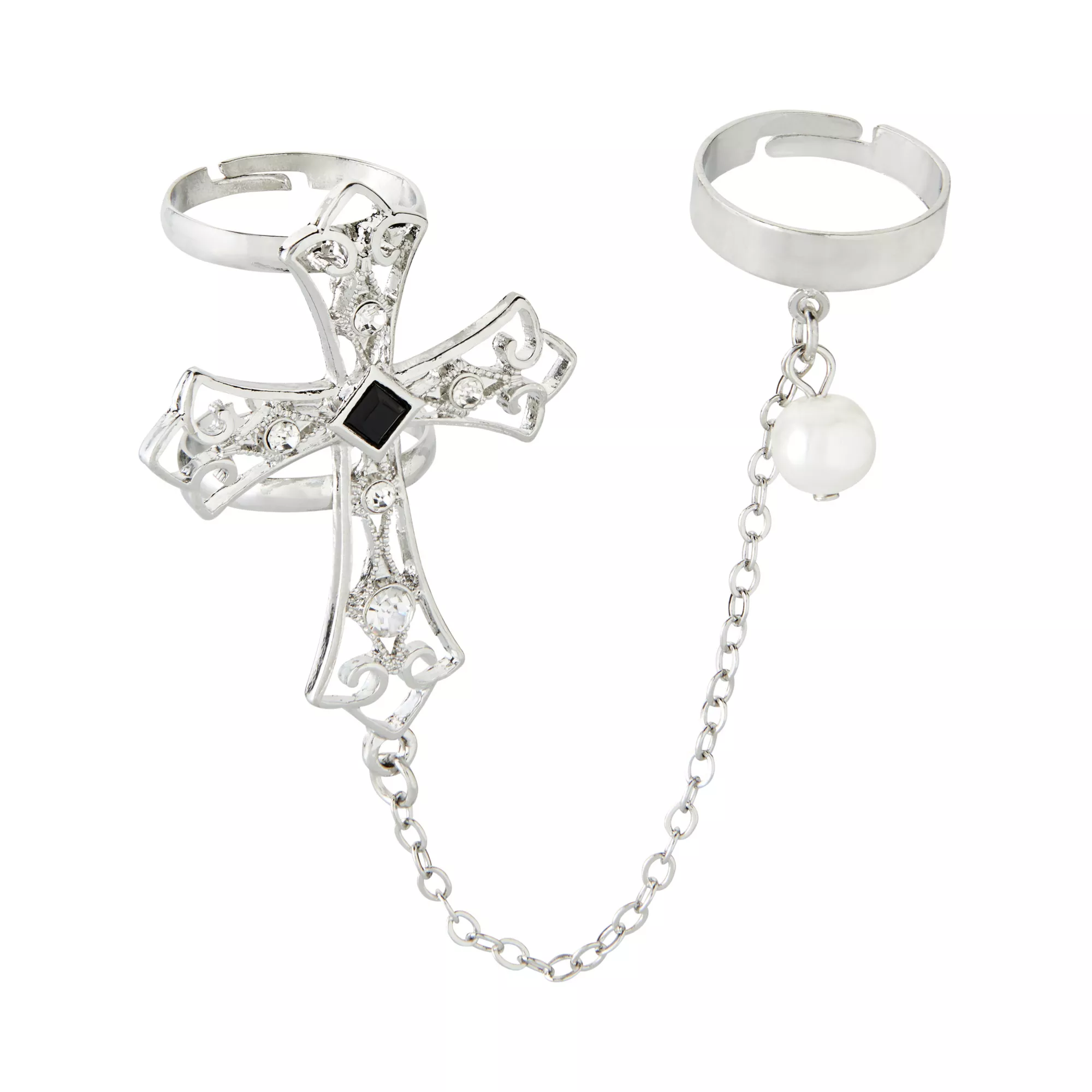 Black Square Cross Pearl-Effect Chain Rings at Spirit Halloween