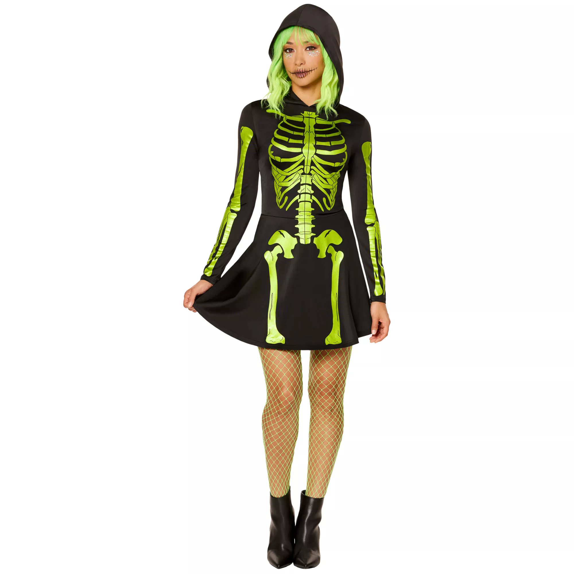 Adult Neon Green Skeleton Hooded Dress at Spirit Halloween