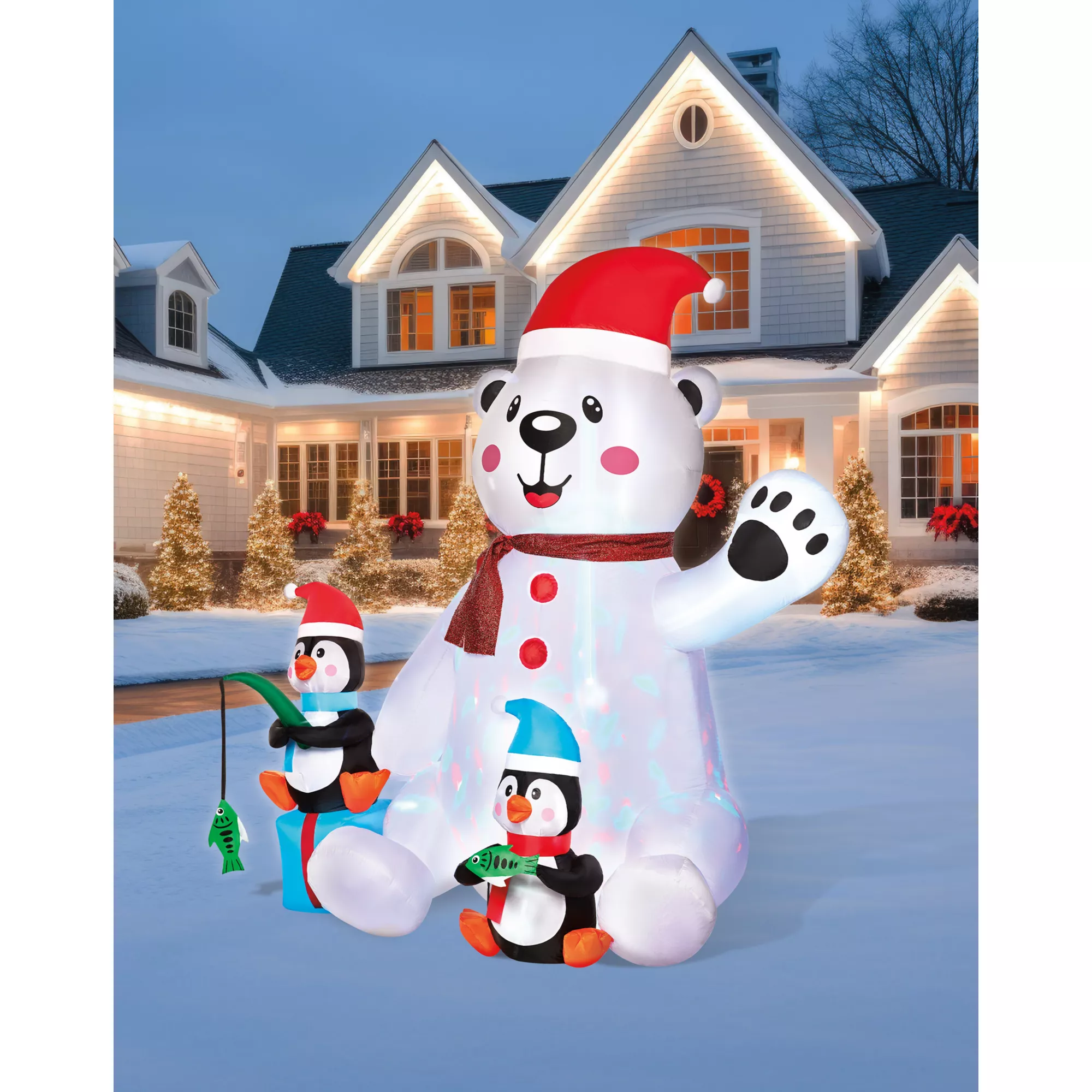 6 Ft 11 In Light-Up Animated Polar Bear with Penguins Inflatable Decoration at Spirit Halloween