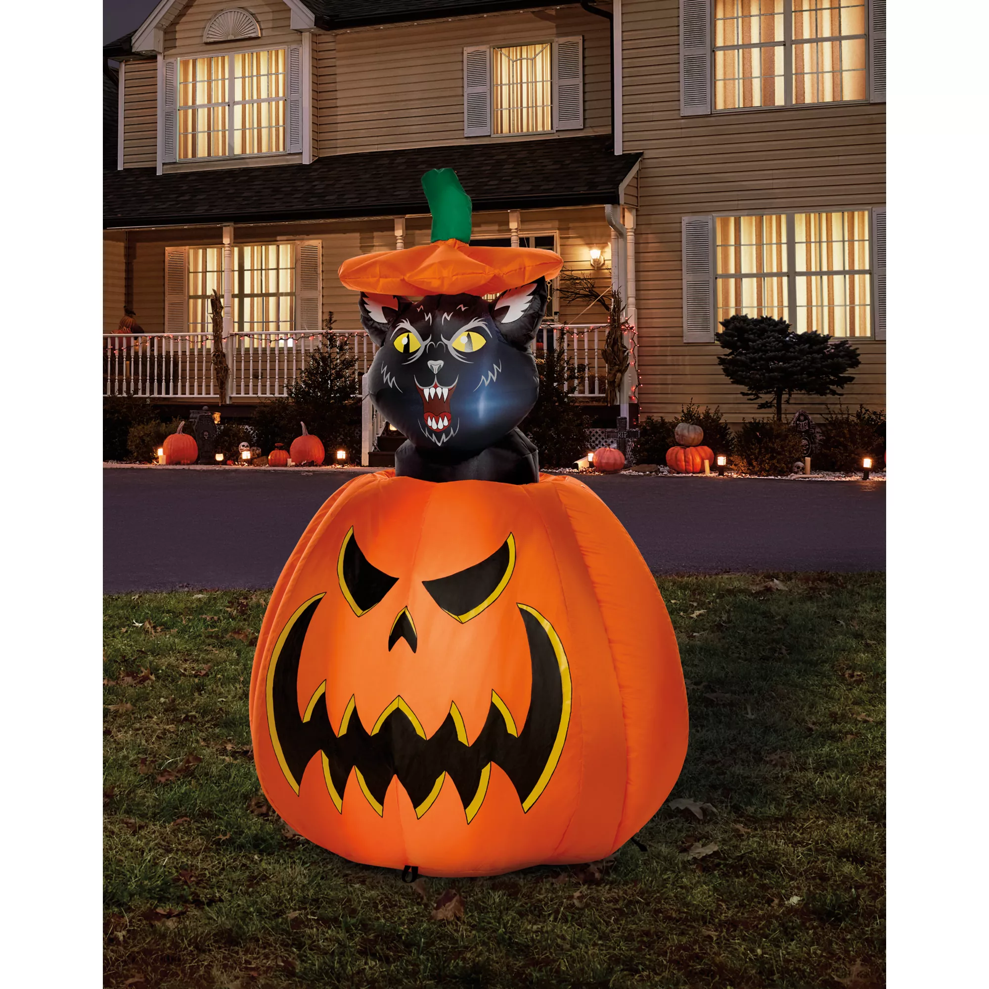3 Ft 7 In Light-Up Animated Rising Pumpkin Cat Inflatable Decoration at Spirit Halloween