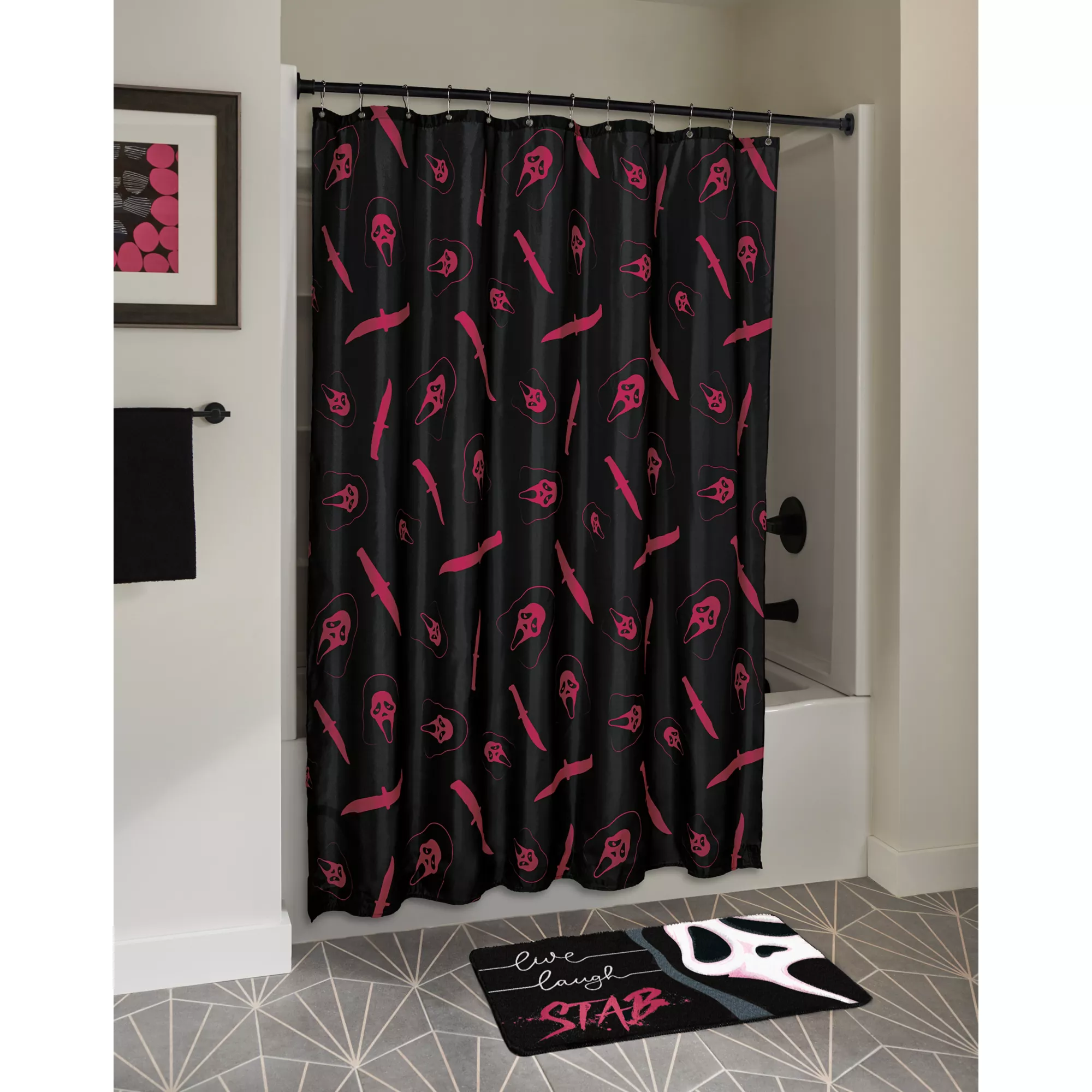 Ghostface Knife Print Pink Shower Curtain at Spirit Halloween