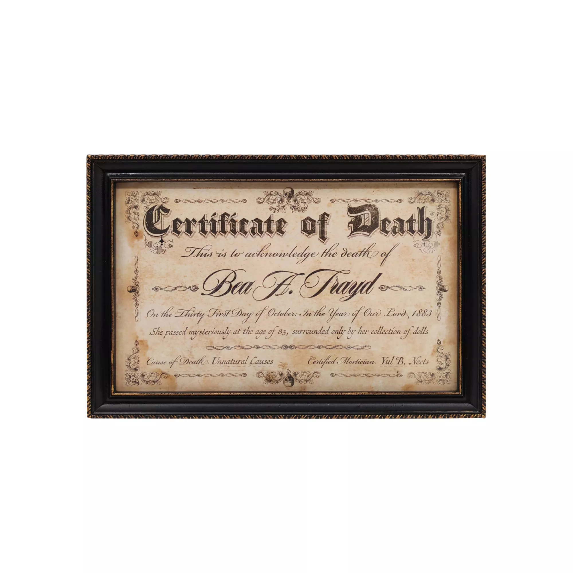 Doll Death Certificate Sign at Spencer's