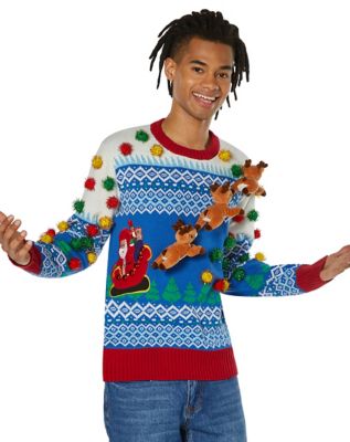 Light-Up 3D Santa Sleigh Ugly Christmas Sweater - Spirithalloween.com