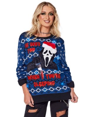 Light-Up He Sees You Ghost Face Ugly Christmas Sweater - Spirithalloween.com