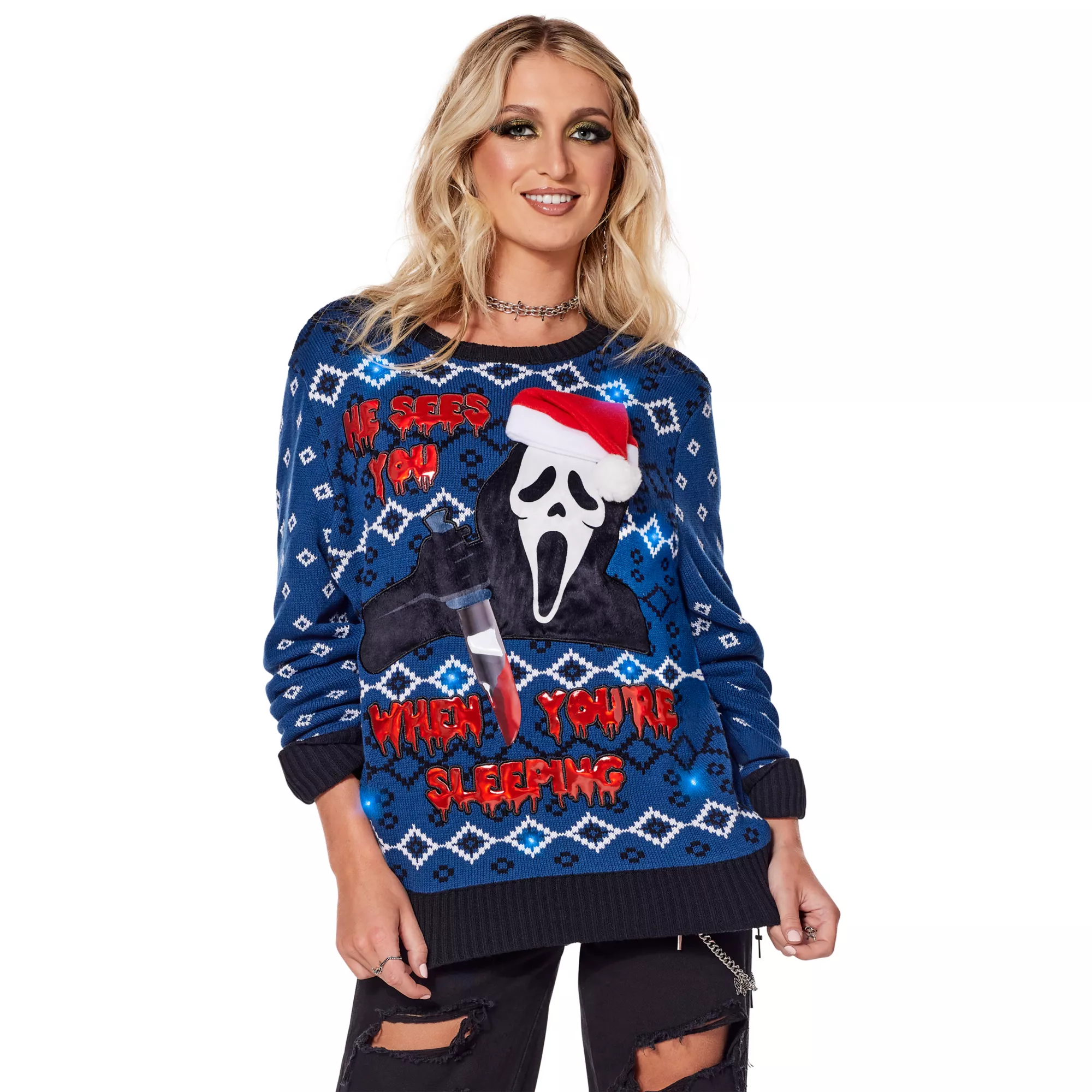 Light-Up Ghost Face He Sees You Christmas Sweater at Spencer's